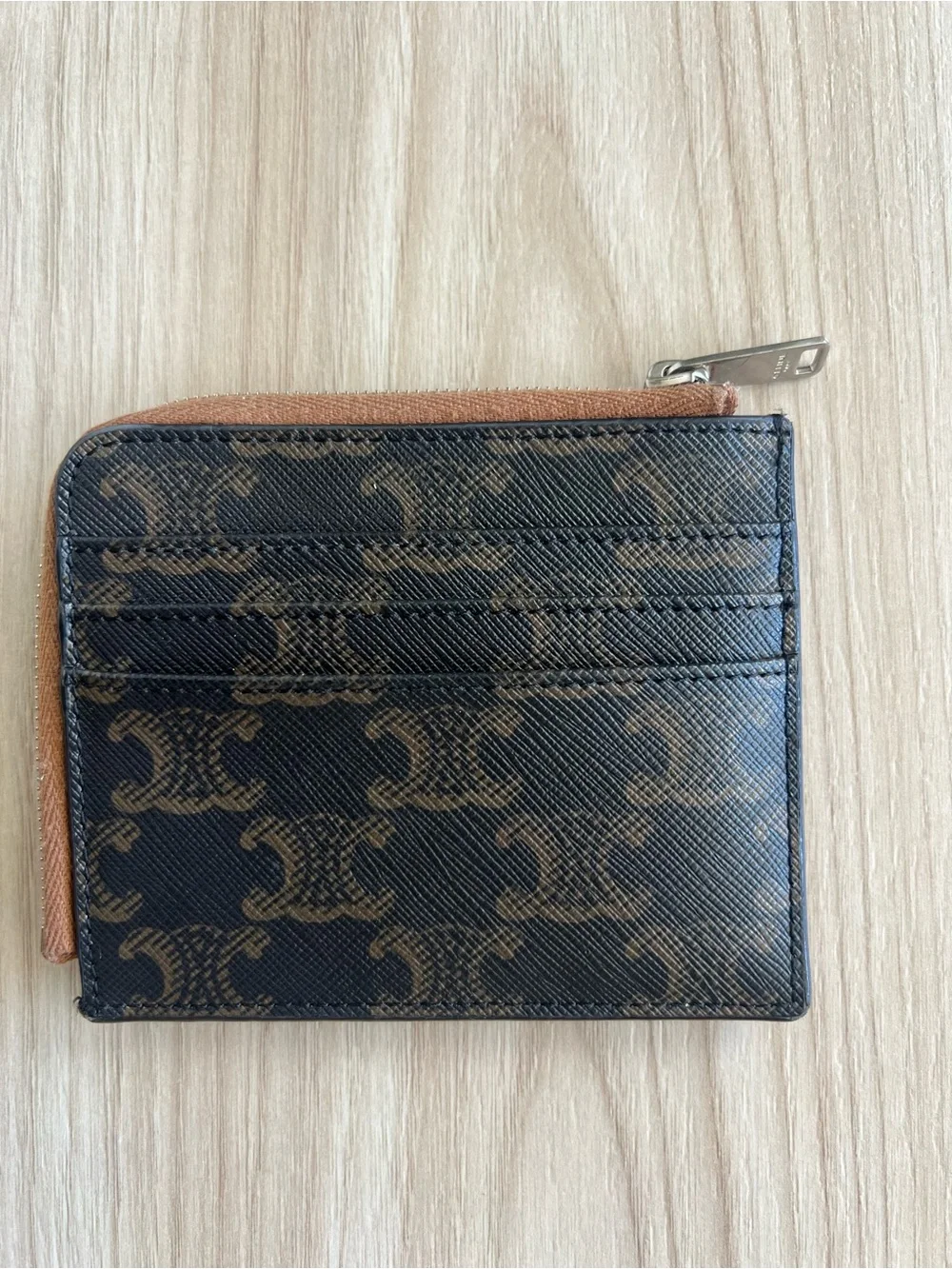 CELINE Triomphe Signature-Pattern Zip Card Holder in Black and Brown